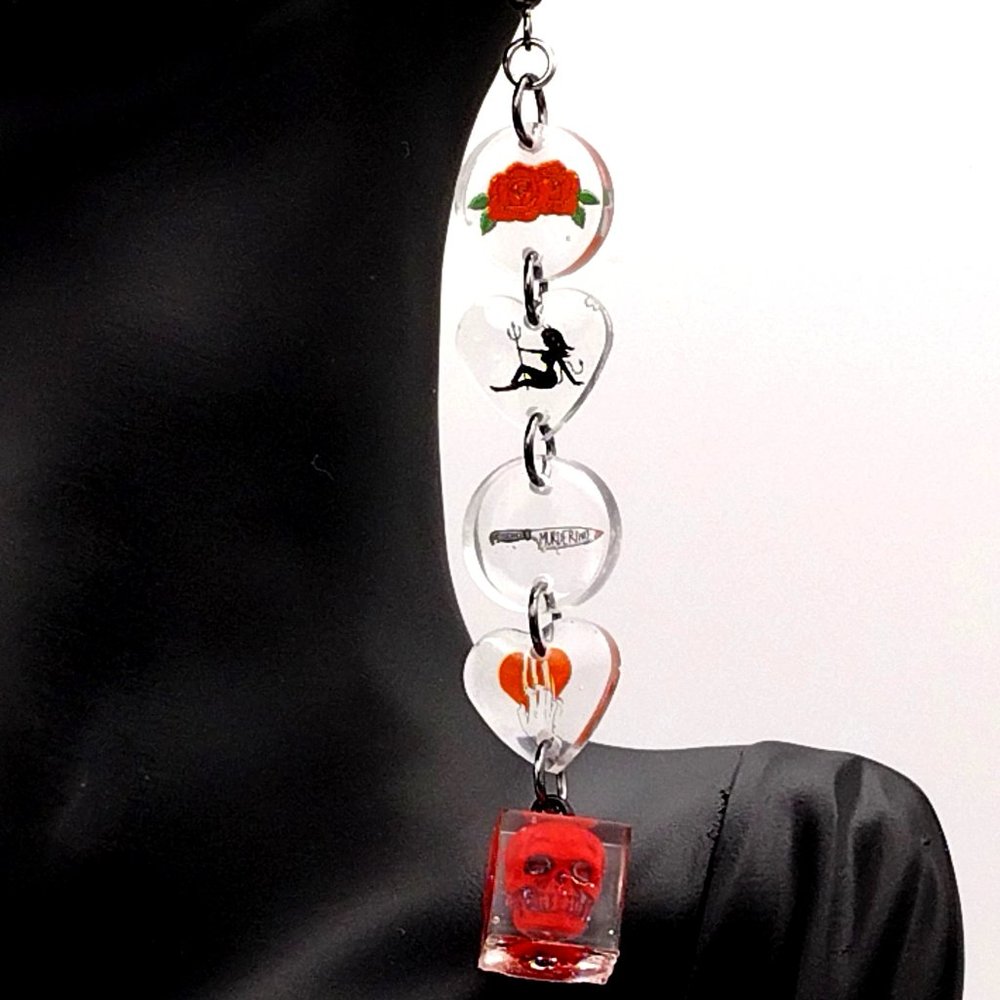 AC. True Crime Earrings Roses Hearts Murderino Skull Red Black Goth Devil Pin Up